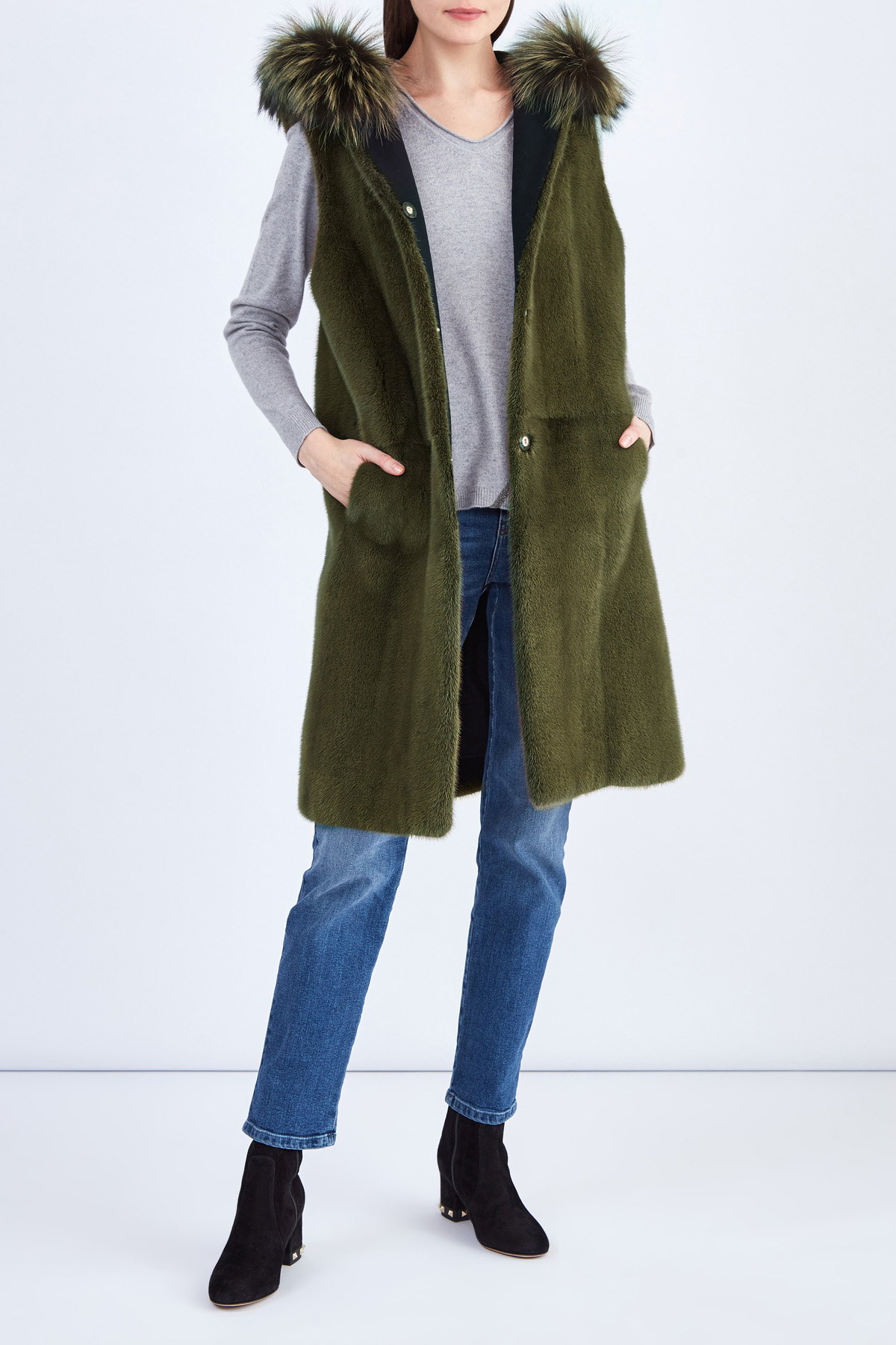Пальто из шерсти со съемны жилетом из блестящего меха норки YVES SALOMON, цвет хаки, размер 34 - фото 7